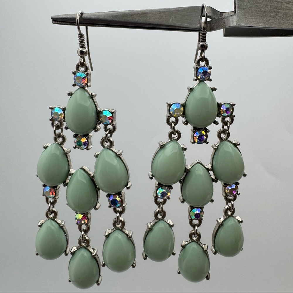 Elegant Mint Green Teardrop Crystal Chandelier Earrings Silver Tone